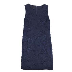 TALBOTS Minimal Boho Embroidered Clipped Floral Shift Dress Midi Navy Blue 8